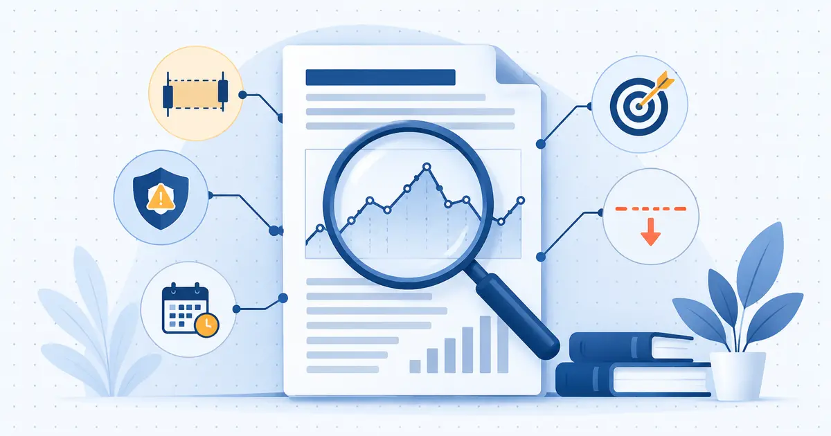 Illustration explaining how to read a stock research recommendation from entry to exit