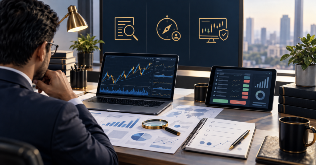 Financial professional reviewing securities research, personalised planning and trade-execution information.